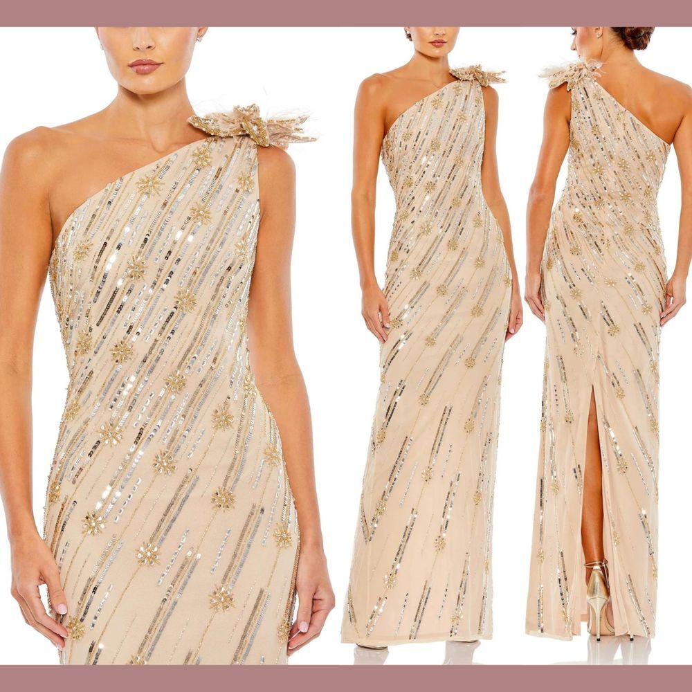 NWT $498 Mac Duggal [ 2 ] Feather Embellished‎ Floral One Shoulder Gown #G1750